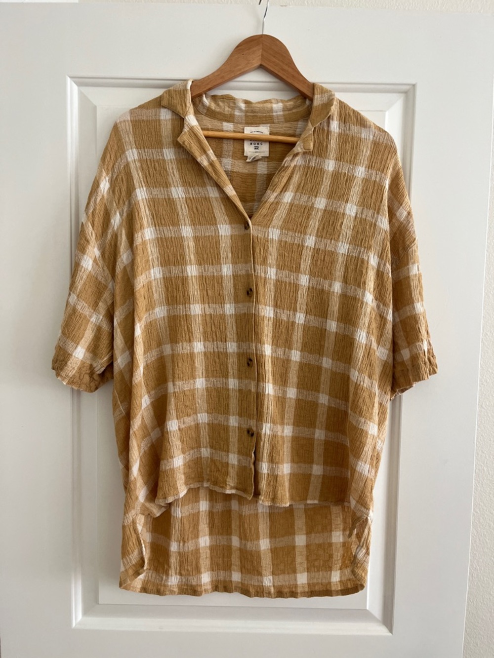 Billabong Mustard Oversized Plaid Crinkle Gauze Button-Up Shirt Vacation Beach